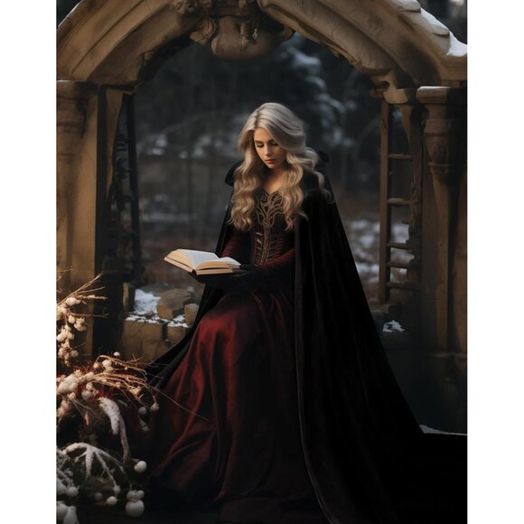 A-Line/Princess Scoop Neck Long Sleeves Ankle-Length Medieval Halloween Court Witch Dress with Cloak